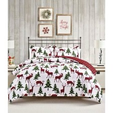 Christmas Tree Deer Buffalo Plaid Queen Comforter Set 3 Piece Reversible New