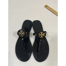 Tory Burch Miller Flip Flops Black Jelly Gold Logo Size 8