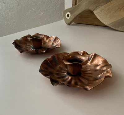 Gregorian Copper Hammered Flower Candle Holders Pair Set of 2 for Taper Candles