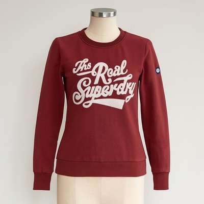 Superdry Sweatshirt Womens 10 Red Chenille Logo Pullover Crew Neck RUNS SMALL