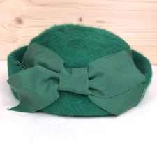 VTG Genuine Beaver Fur Felt Green Cloche/Pillbox Hat Grosgrain Bow Unionmade USA