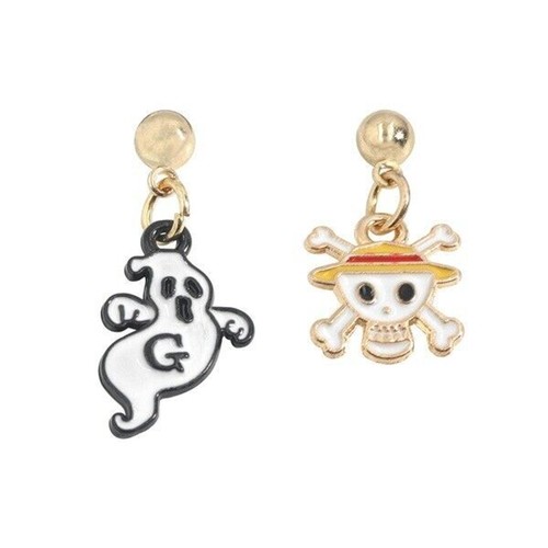 Halloween Mismatched Earrings - White "G" Ghost and Skull Crossbones - 0.75" L - Picture 3 of 4