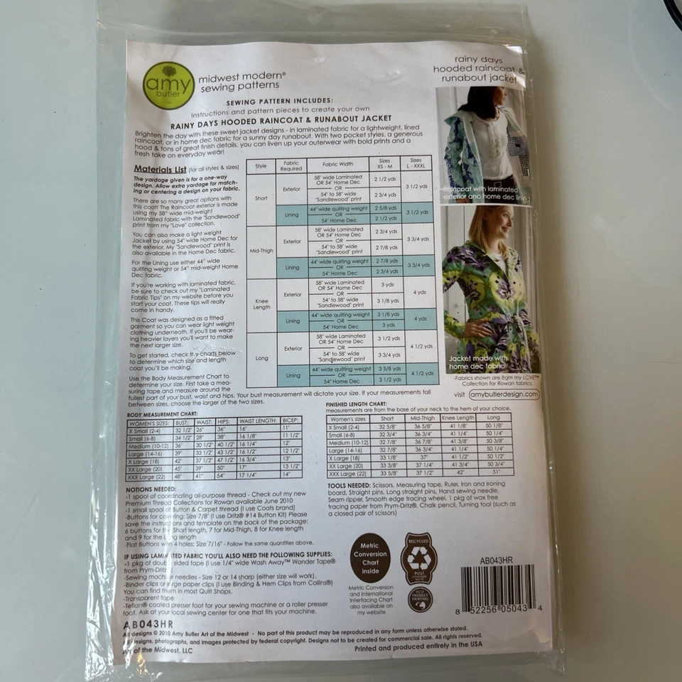 Amy Butler Sewing Patterns RAINY DAYS Hooded Raincoat & Jacket  Uncut - Image 2 of 3