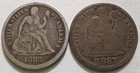 1883 + 1887-S Seated Liberty Silver Dimes VG/F, Two 10C coins