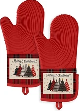 Slohif Long Silicone Oven Mitts Heat Resistant for Women - 2 Pcs Red 