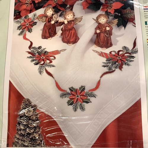Anchor DMC Christmas Tablecloth Embroidery Kit Poinsettia Candle 32” German Open - Picture 3 of 17