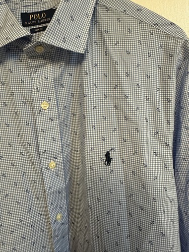 RALPH LAUREN Men Shirt XL Blue Anchor Check Pattern Long sleeve Pony - Picture 2 of 4