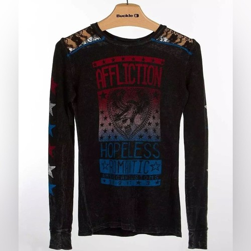 VINTAGE Y2K Affliction Breakdown American Thermal Graphic Top Grey/Blue/Red S - Picture 2 of 10