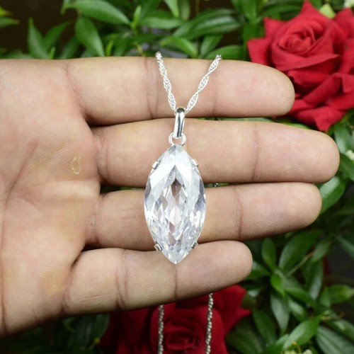65.50 Ct Natural Brazilian Marquise Cut White Zircon Pendant 925 Silver Gemstone - Picture 4 of 7