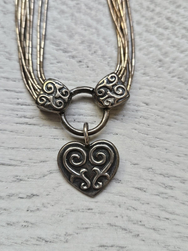 Vintage Sterling .925 Dakota West Shube Liquid 8 Strand Necklace Scroll Heart