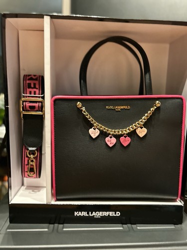 Karl Lagerfeld Paris Maybelle Black & Pink Shoulder/Crossbody Bag w/Chain & Box - Picture 5 of 10