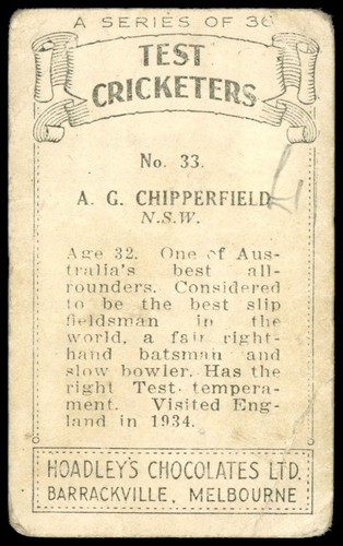 Hoadley Chocolates - 'Test Cricketers' (1938) - A.G. Chipperfield (New South ... - Picture 2 of 2