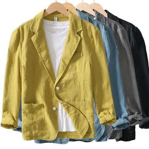 2025 Men Casual Suit Jacket Formal Business Cotton Linen Blazer Button Slim Fit! - Picture 4 of 30