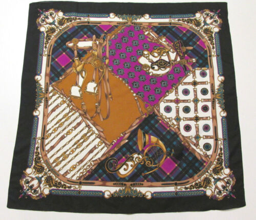 VINTAGE 1960s 70s POLY SCARF MADE IN ITALY STIRRUPS TARTAN HORN BELTS  - Picture 1 of 11