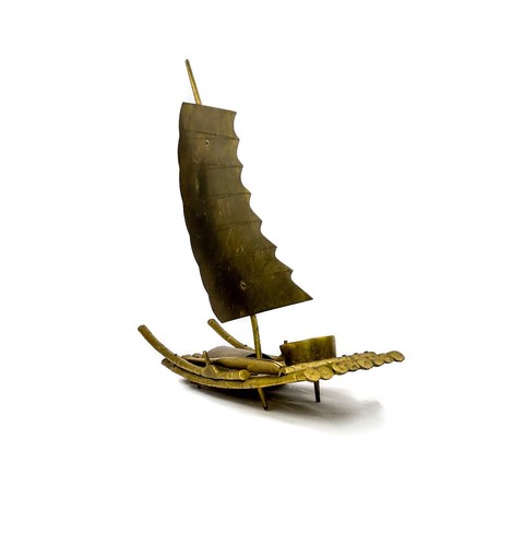 Vintage Brass Chinese Bamboo Boat/Raft w Sail & Oars, Cone Incense/Candle Holder - Picture 4 of 18