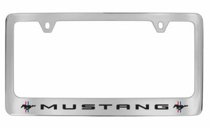 Mustang-w-2-Tri-Bar-Ponies-License-Plate-Frame-Quality-Plate-Holder-Chrome