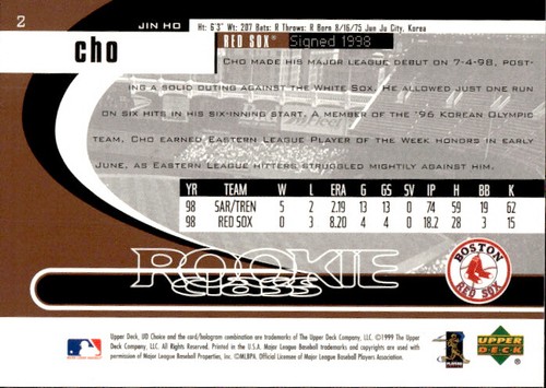 1999 UD Choice Jin Ho Cho 2 Boston Red Sox - Picture 2 of 2