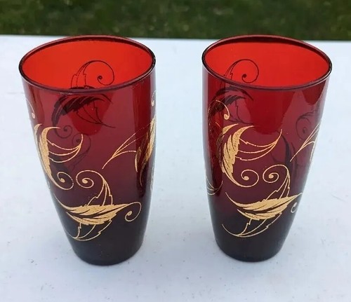 Drinking Glassses Ruby Red With Gold Color Leaf Design Set Of 2 VINTAGE! may23 - Picture 1 of 10