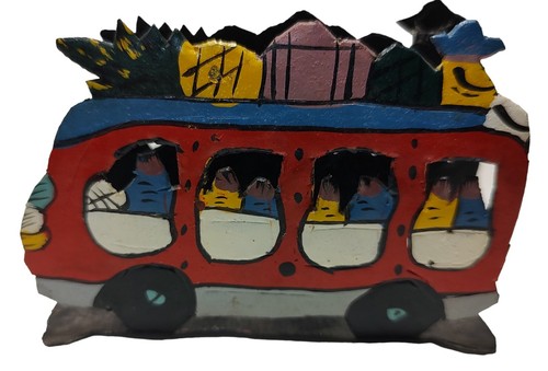 Haitian Handmade Hide Metal Art Street Bus Hand Painted 4 x 2.5 Inches - Picture 2 of 9