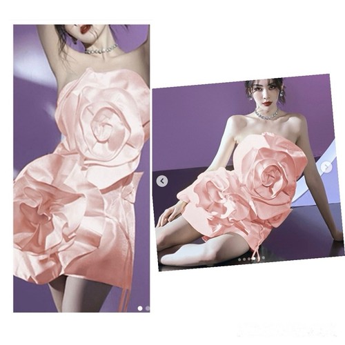 Sierra Darien Voluminous Flower Design Dress Pink Strapless Rosettes Barbiecore - Picture 2 of 14