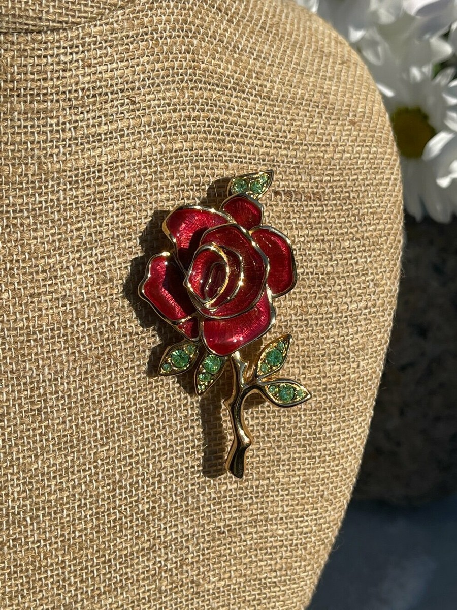 Vintage Bob Mackie Signed Rhinestone & Enamel Red Rose
