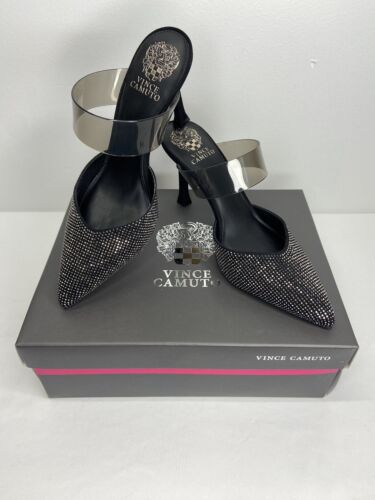 Elegant Formal Vince Camuto Sparkly Black High Heel Slides. New In Box. Sz 9.5