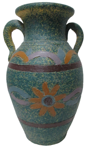 Vintage Terrakotta Keramik Vase Krug zypriotischer Stil Amphore 11" x 7" Gänseblümchen grün - Bild 2 von 11