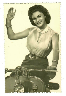 Photo postcard, beautiful woman on Lambretta, Doce Vita, 20063