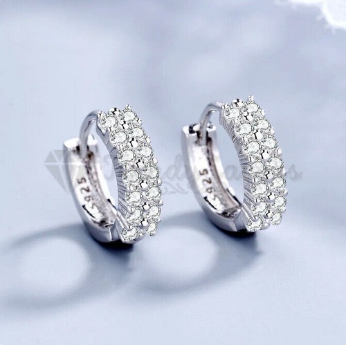 Women 925 Sterling Silver Double Row Sparkling Crystal Huggie Hoop Stud Earrings - Picture 9 of 9