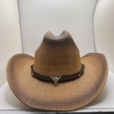 Cowboy Hat w/ bull head skull Vintage Western Shapeable Brim Brown
