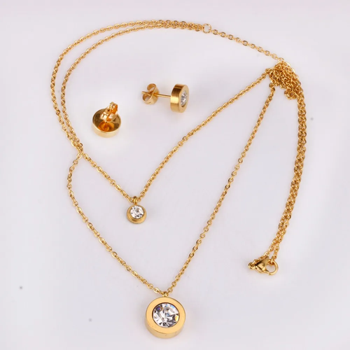 18k Gold Plated Double Layered Zircon Necklace Pendant Set with Earrings 3 pc - Picture 4 of 5
