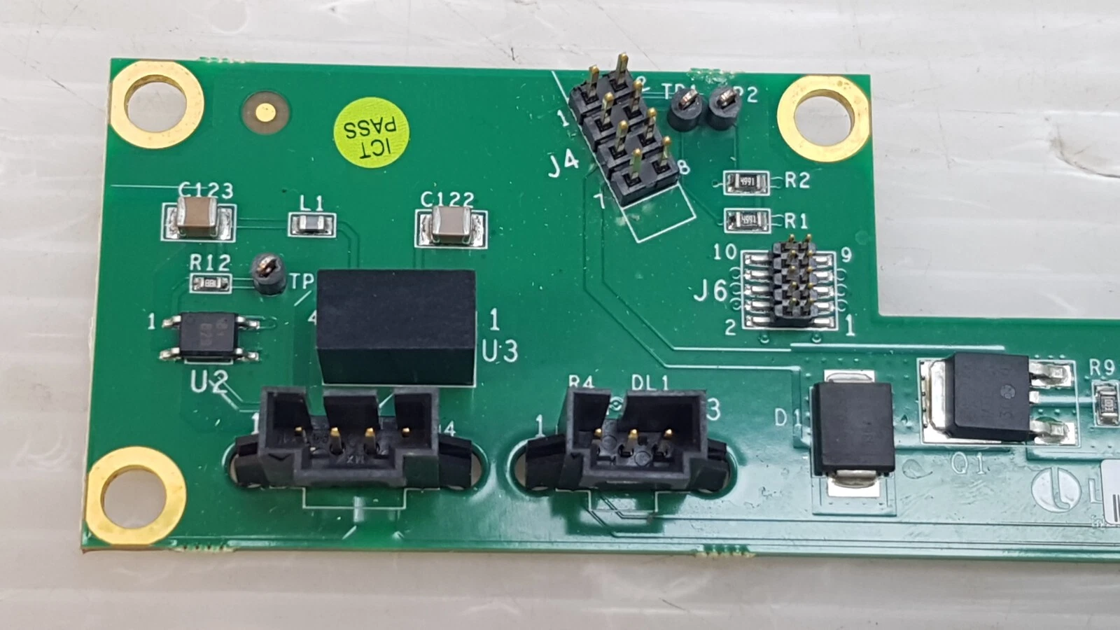 Lumenis deck board headers J4 and J6, two 3-pin locking connectors and ICT PASS sticker