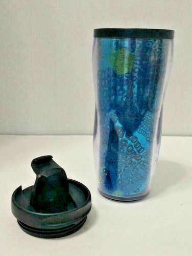 Raro Starbucks Lámina Azul Floral 12 oz Vaso Taza de Viaje Tapa Abatible 2008 Libre de Fugas - Imagen 5 de 7