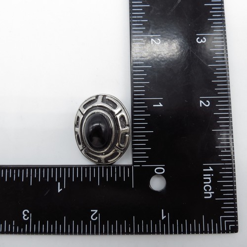 Vintage schwarze Harz Cabochon ovale Clip-On Ohrringe griechisches Schlüsselmuster silberfarben - Bild 3 von 10