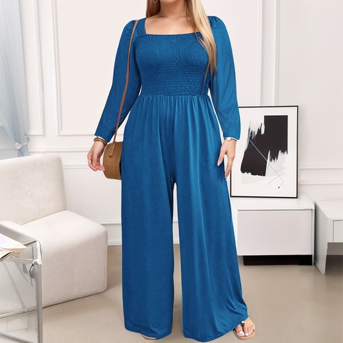 UK Womens Plus Size Jumpsuit Wide Leg Pants Evening Long Sleeve Playsuit Romper - Picture 7 of 21