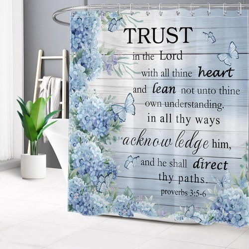 Blue Hydrangea Butterfly and Bible Verse Shower Curtain Bathroom Accessories Set - Bild 5 von 23