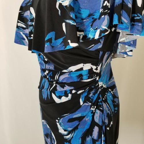 Lauren Ralph Lauren Dress Size 4 Black Blue Floral V-Neck Draped Ruffle Bodice - Picture 5 of 10