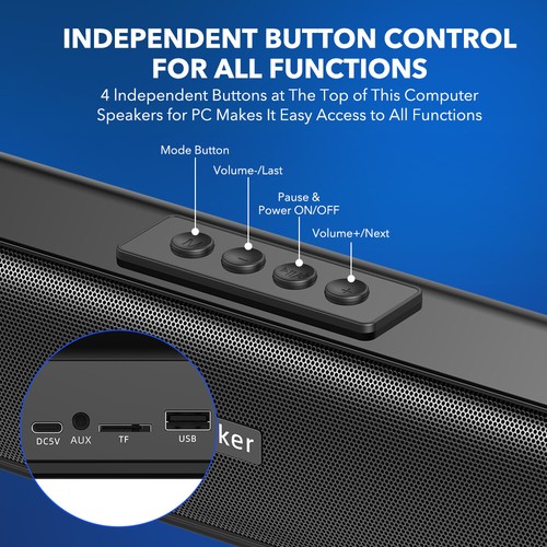 Bluetooth 5.3 Soundbar PC Soundsystem Surround Subwoofer Lautsprecher USB/AUX/FM - Bild 7 von 14