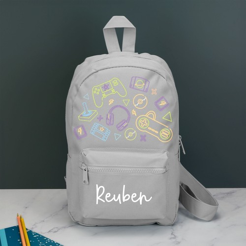 Personalised Neon Gaming Kids Backpack with Name Choice of Colours Video Games - Picture 5 of 14