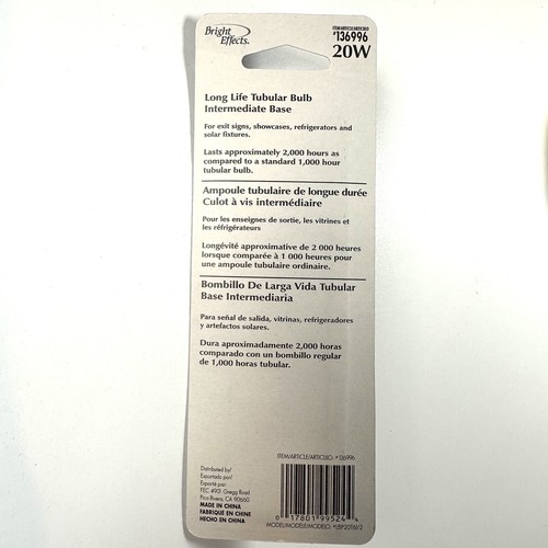 Bright Effects Tubular Clear 20W 120V Intermediate Base Appliance Bulb Long Life - Picture 3 of 3