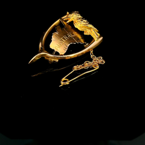 9 ct Yellow Gold Australia Brooch, 35X22 mm, Wishbone, Kookaburra, Map, Antique - 第 1 支影片,共 1 支