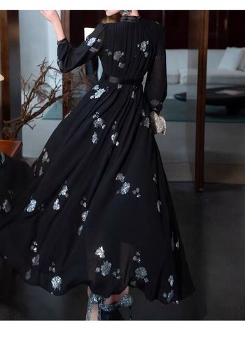 Französischer Stil Damen lang Puffärmel Chiffon Pailletten mittellang Swing Abendkleid - Bild 24 von 27
