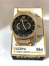 Elgin Adult Men's Analog Watch with Black Dial Pave Dial and Crystals FG16003G