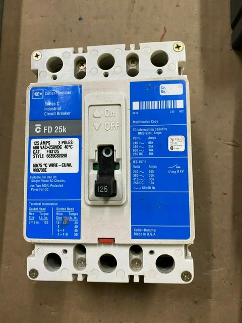 125 AMP 3 POLE 600 VOLT Circuit Breaker Cutler Hammer FD3125 Warranty