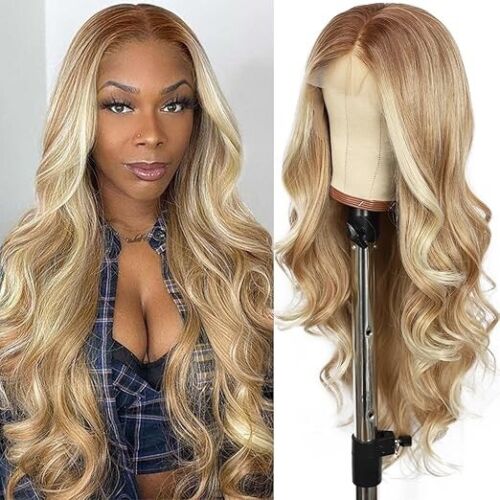 SOMIARIK lange blonde gewellte Synthetik Lace Front Perücken