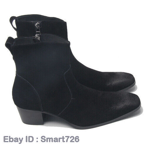 Zipper Square Toe Mens Chelsea Ankle Boots Real Suede Leather Runway Cowboy Heel - Picture 12 of 25