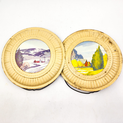 Set 2 copripipipa stufa latta vintage scena fattoria decorazione parete patina rustica