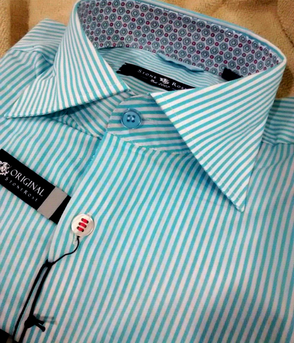 NWT Stone Rose men's size 3(Medium)long sleeve button down Shirt Turquiose Strip - Picture 3 of 12