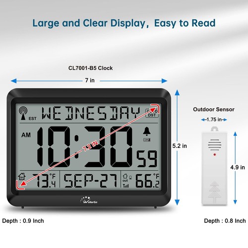 Atomic Clock with Indoor Outdoor Temperature, Self-Setting Digital Wall Clock... - Picture 5 of 7
