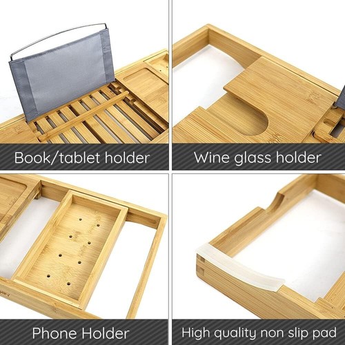 BATH CADDY TRAY EXTENDABLE WOODER RACK I-PAD & Book Holder BAMBOO Bath Rack - Picture 4 of 7